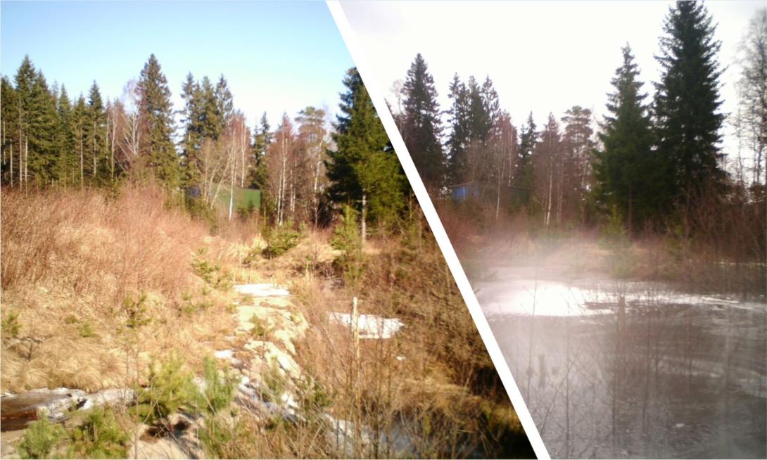Small Retention Pond in the forest at Svinndal, with different stages of water level in the pond: empty (left photo) and full (right photo).